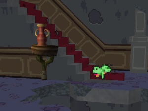 Animated frog hops near stairs